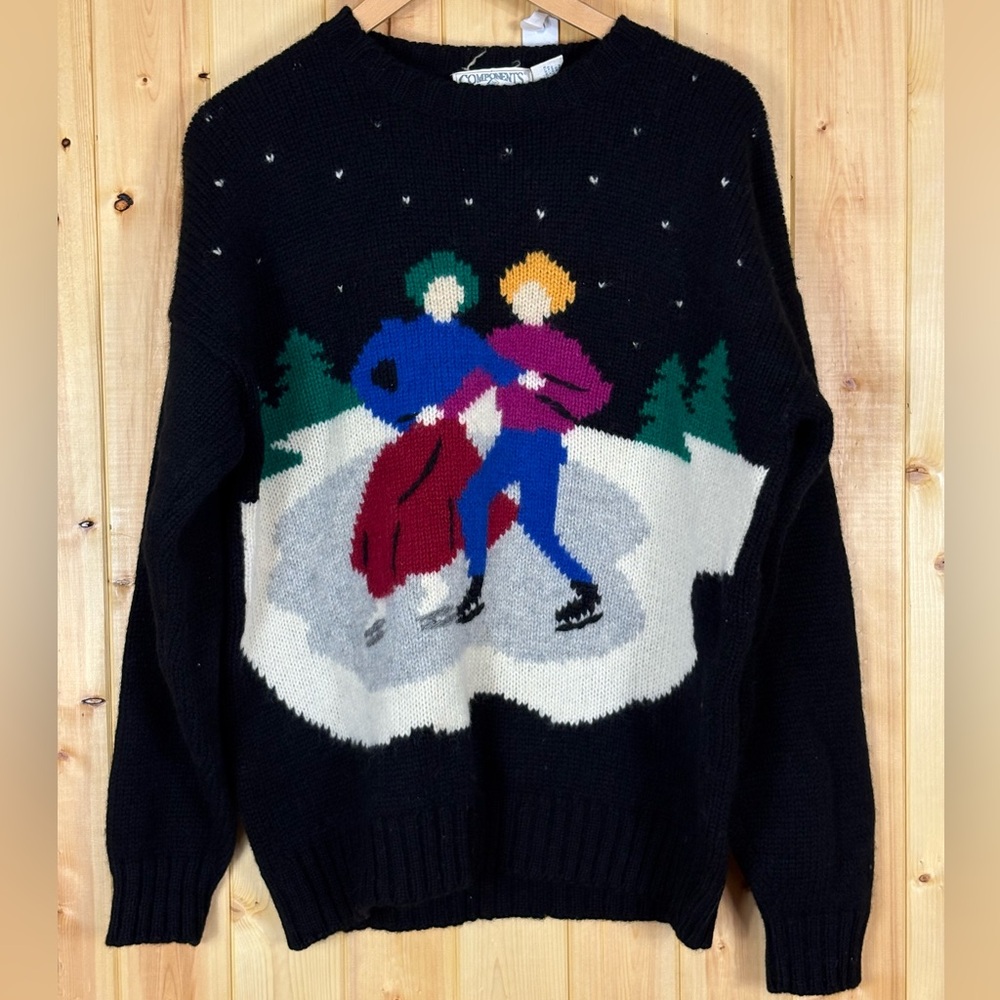 VTG Susan Bristol Pure New Wool Sweater Winter Ice Skating 1988 Sz 40 Scotland